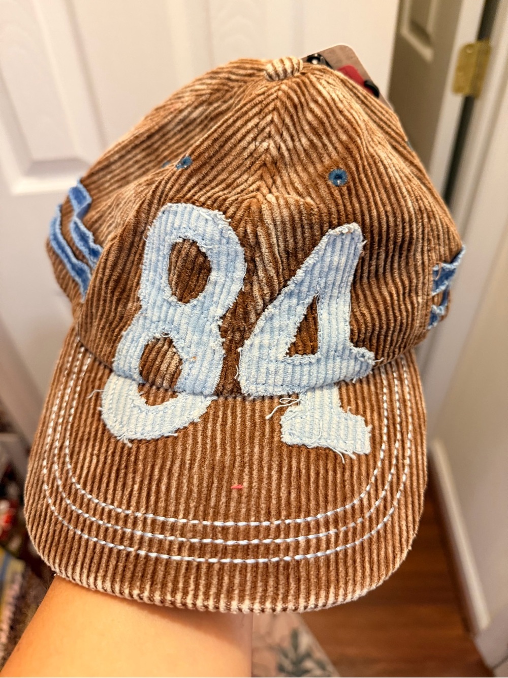 Brown Corduroy womens Baseball Cap with Light Blue '84' Patch